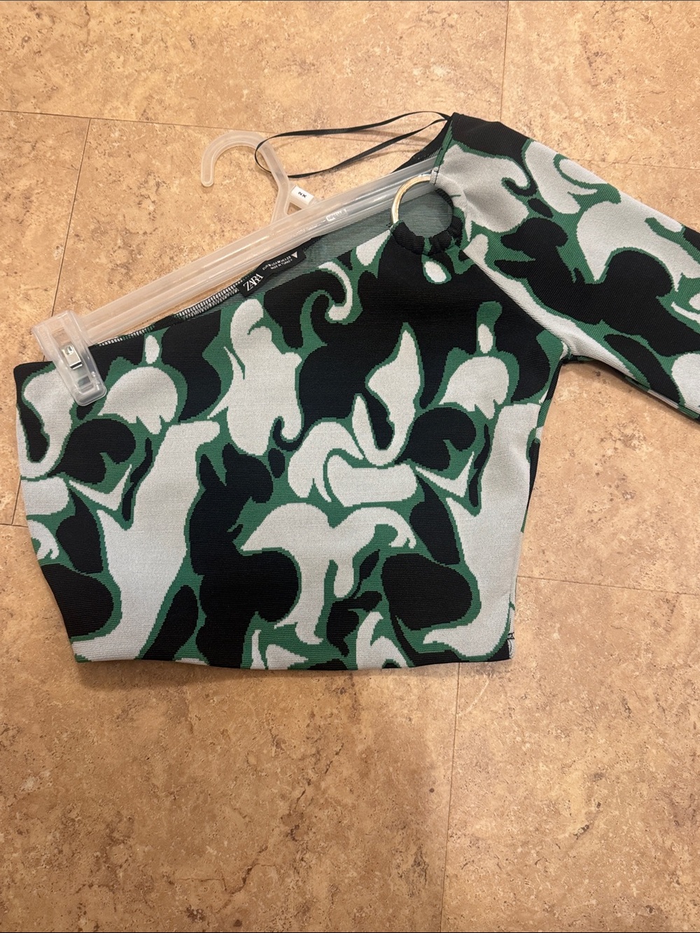 Zara Green Black Abstract One-Shoulder Crop Top with Ring Detail